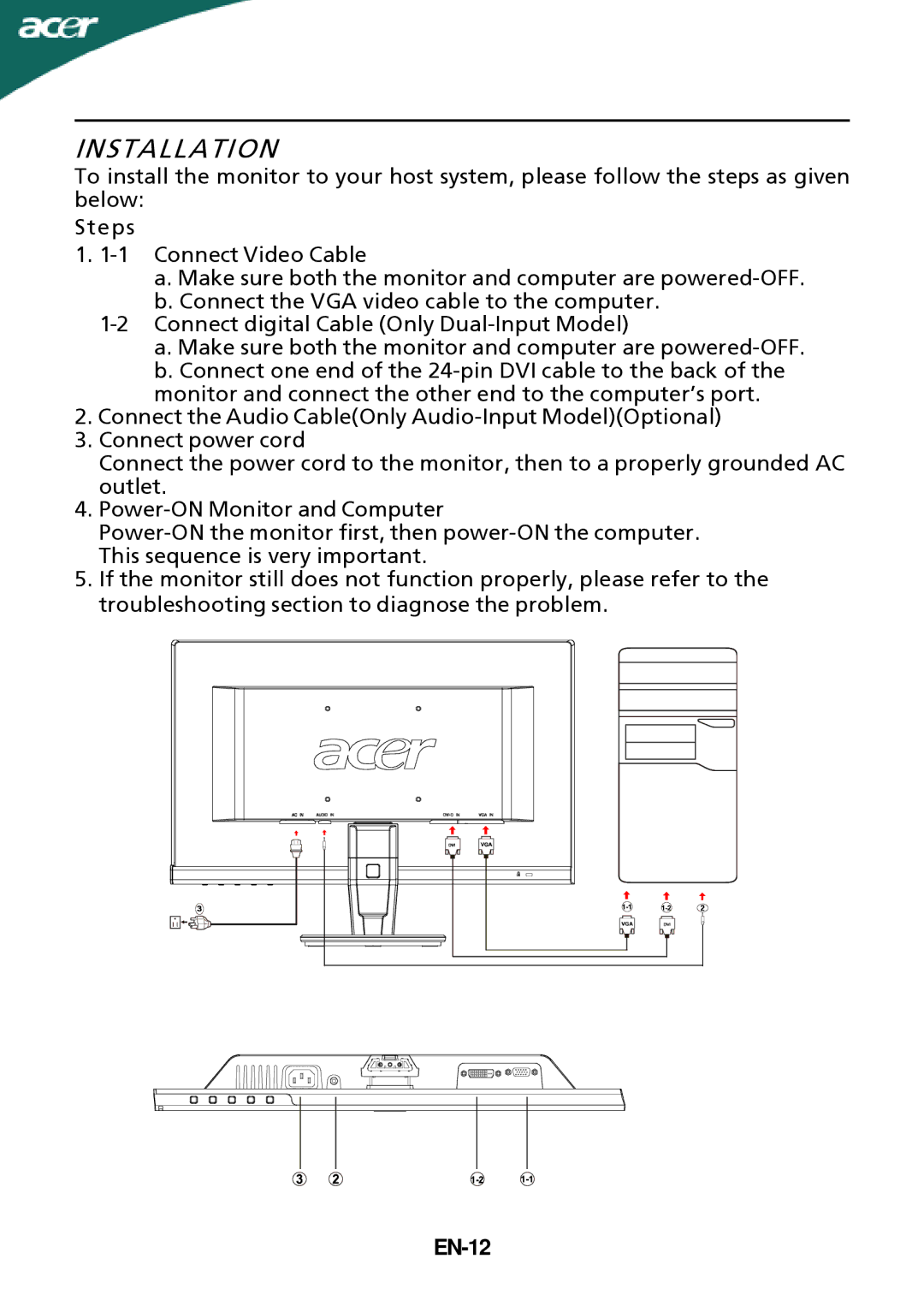 Acer P196HQV, P186HV manual Installation, EN-12 