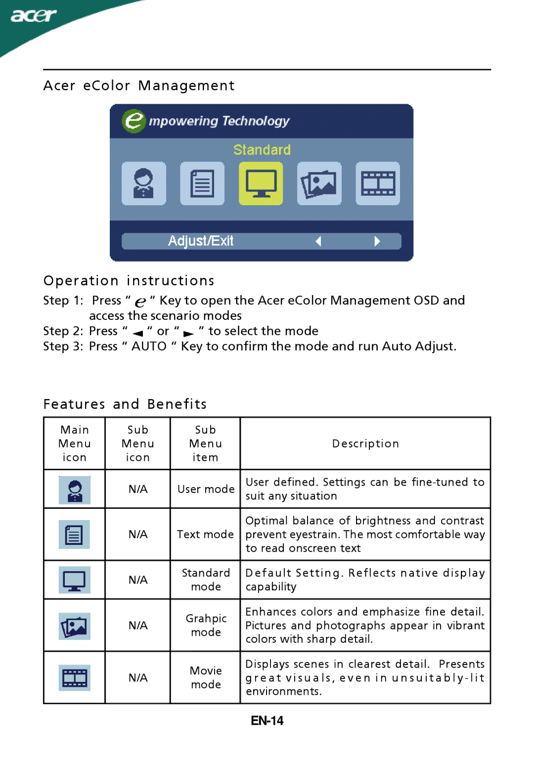 Acer P196HQV, P186HV manual Acer eColor Management Operation instructions, EN-14 