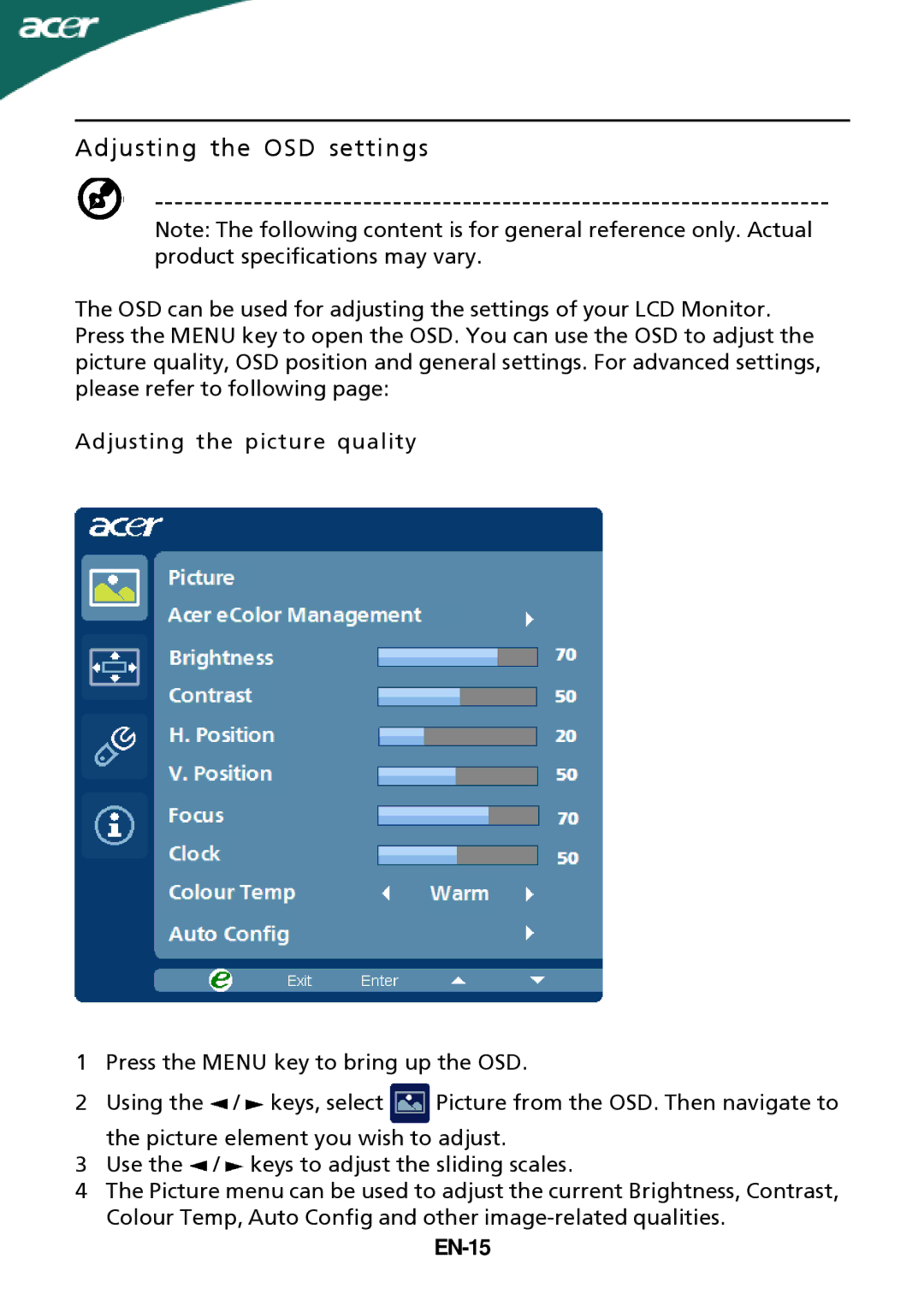 Acer P186HV, P196HQV manual Adjusting the OSD settings, EN-15 