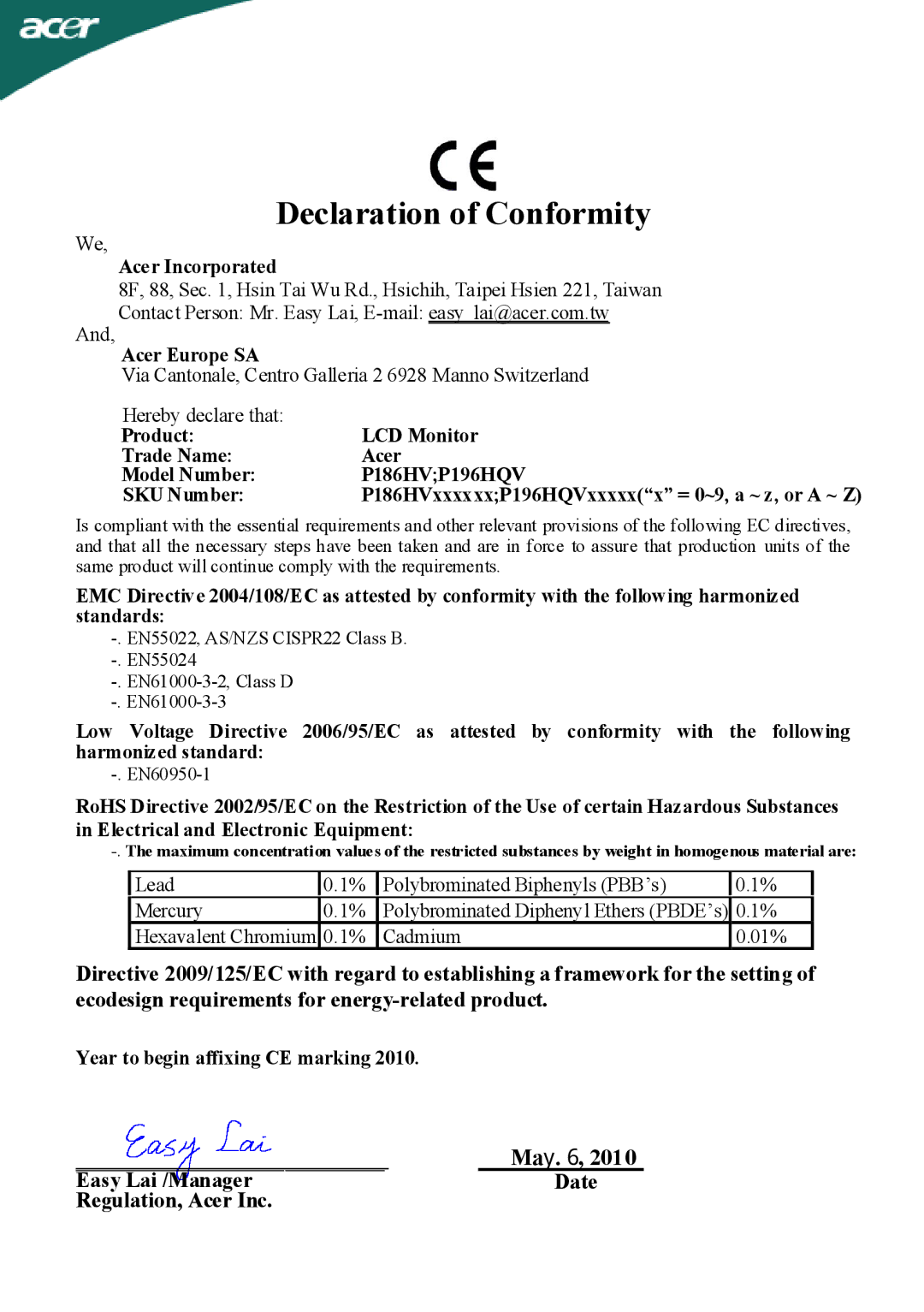 Acer P186HV, P196HQV manual Declaration of Conformity 