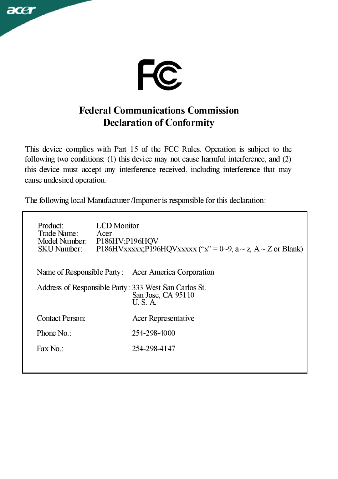 Acer P196HQV, P186HV manual Federal Communications Commission Declaration of Conformity 