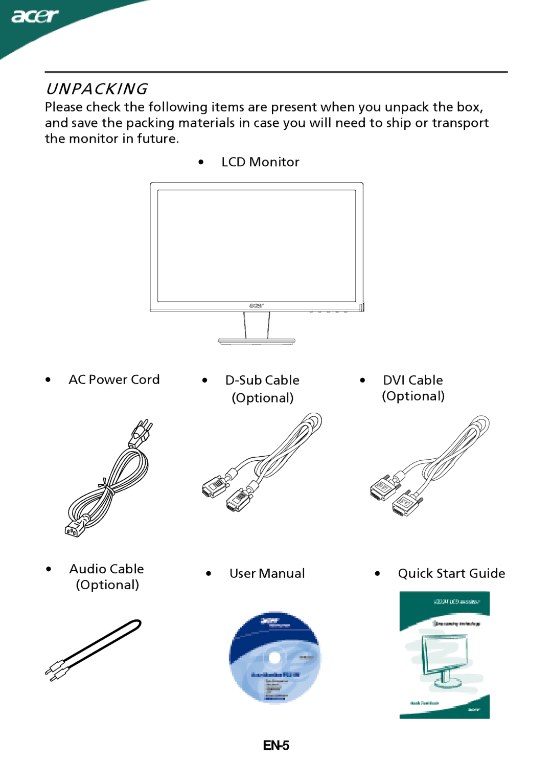 Acer P186HV, P196HQV manual Unpacking, EN-5 