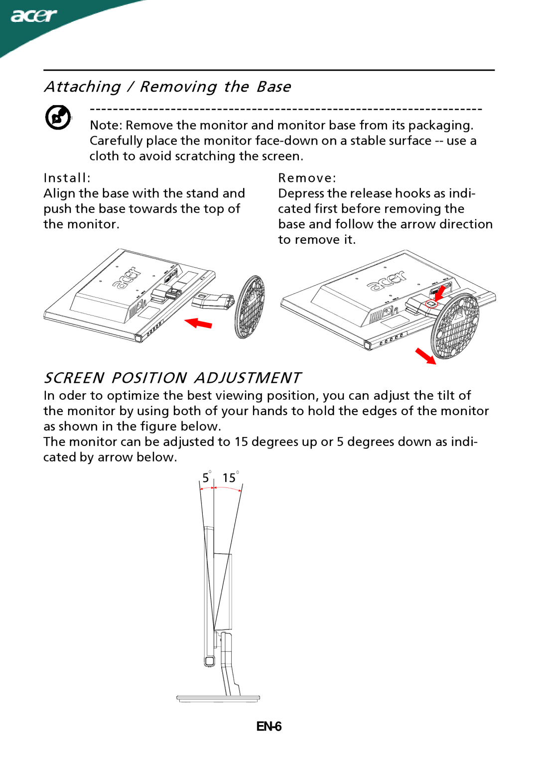 Acer P196HQV, P186HV manual Attaching / Removing the Base, Screen Position Adjustment, EN-6 