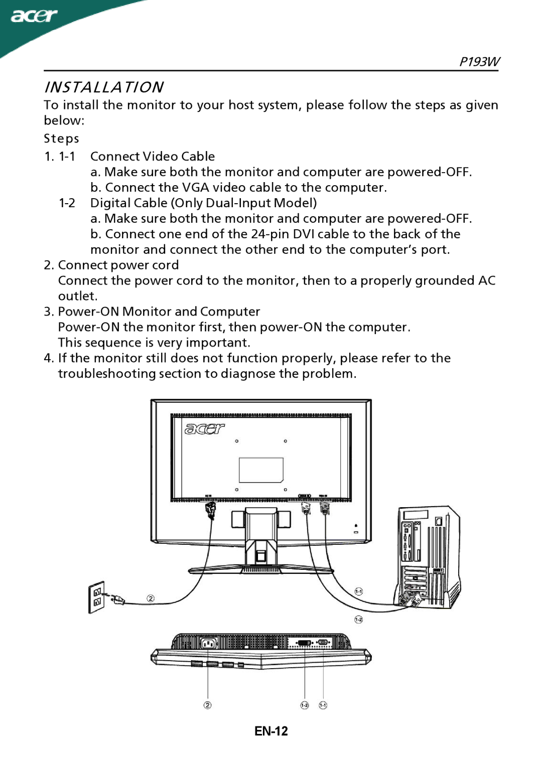 Acer P193W manual Installation, EN-12 