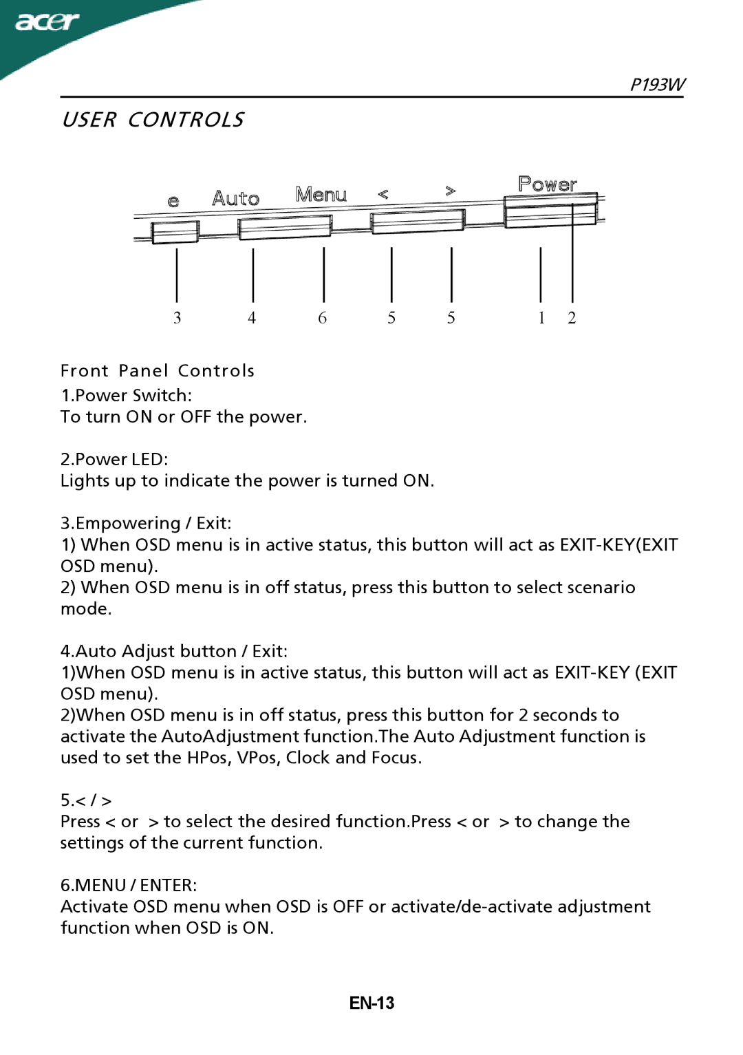 Acer P193W manual User Controls, Menu / Enter, EN-13 