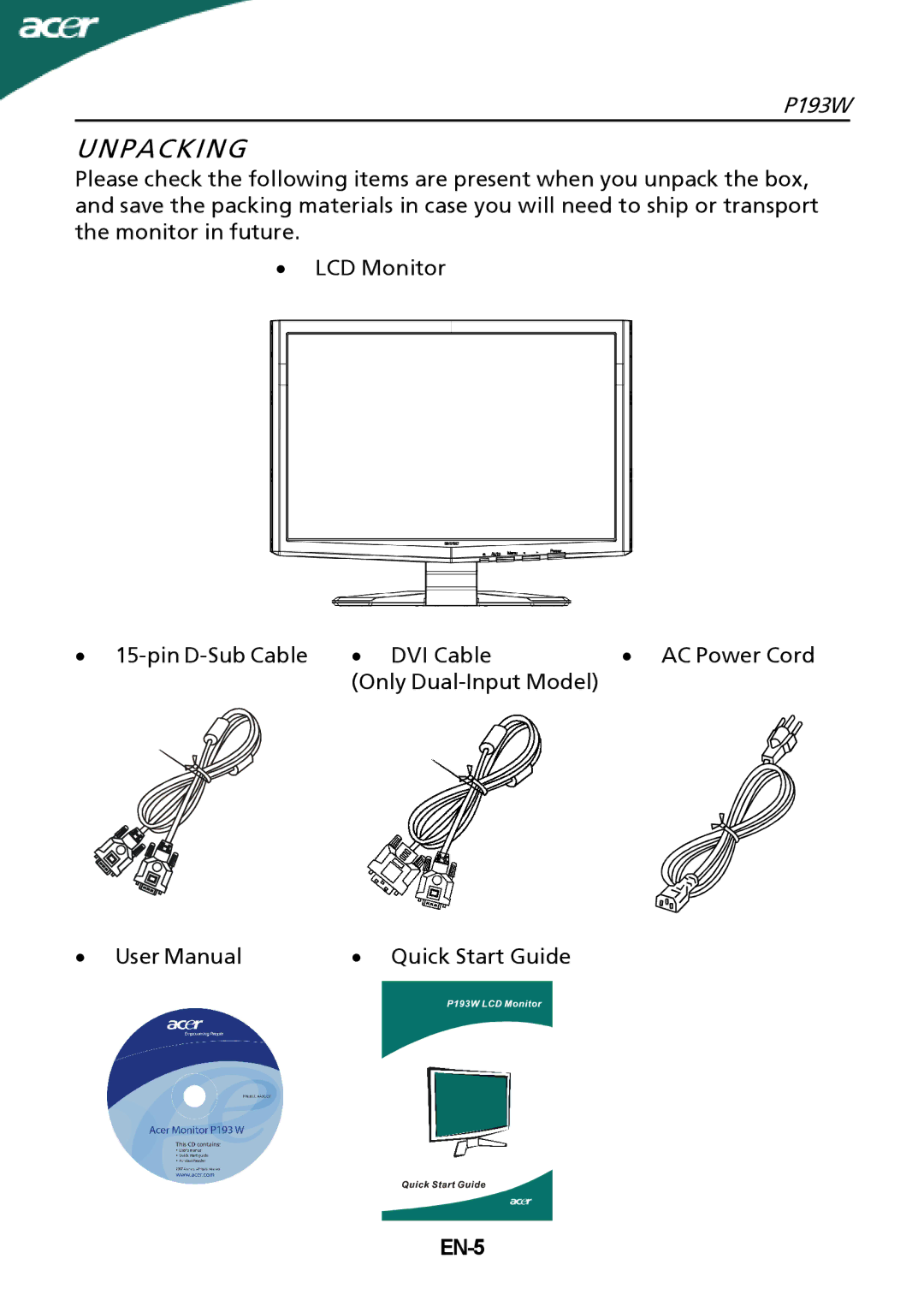 Acer P193W manual Unpacking, EN-5 