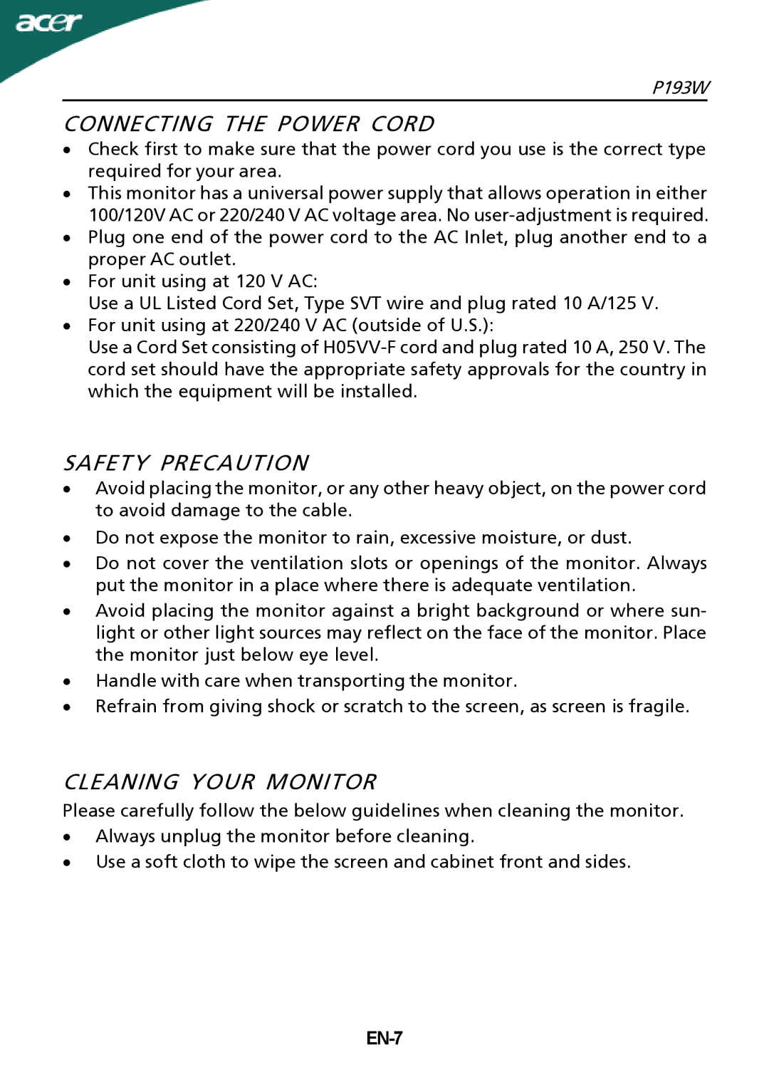 Acer P193W manual Connecting the Power Cord, Safety Precaution, Cleaning Your Monitor, EN-7 