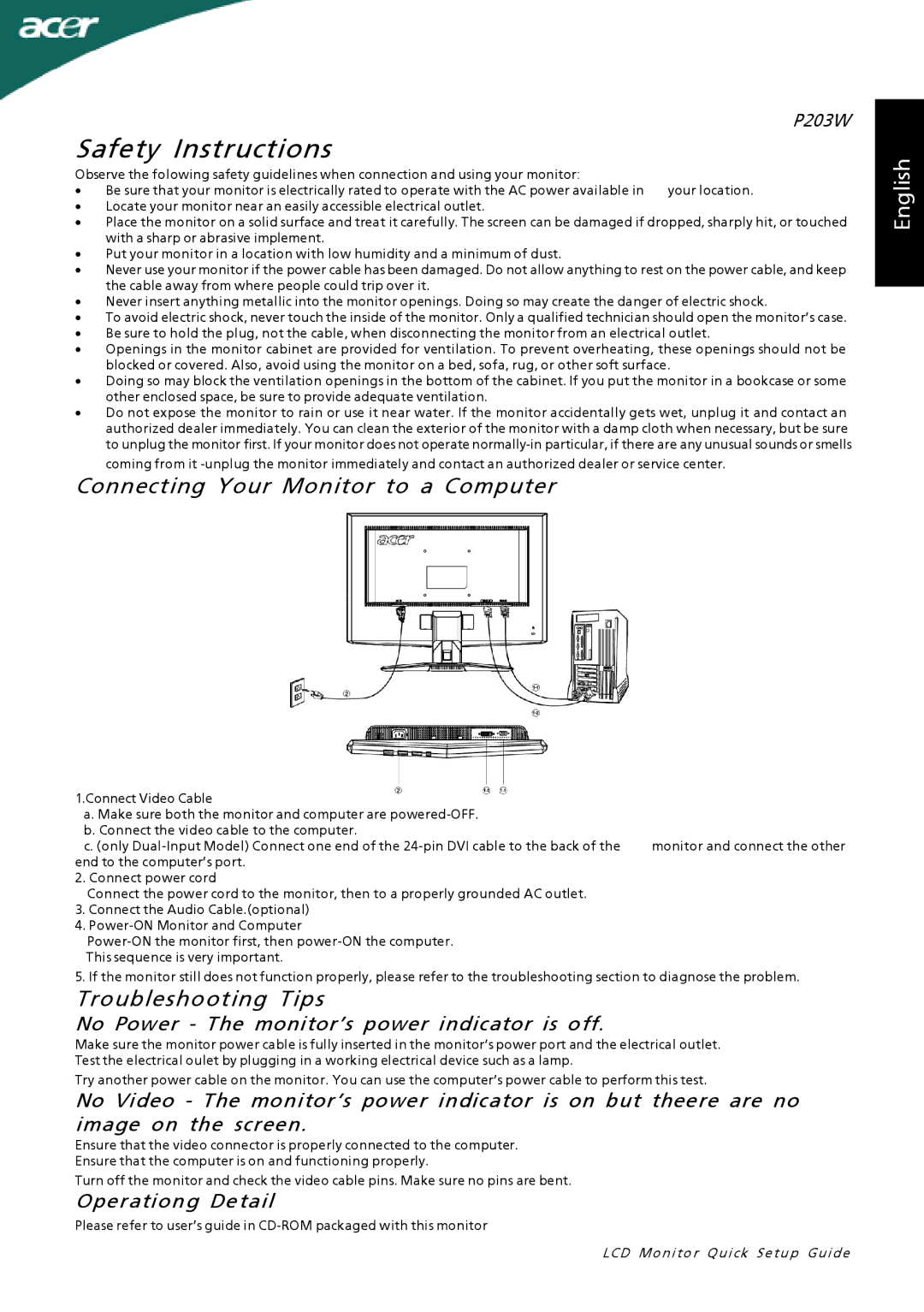 Acer P203W setup guide Safety Instructions, Connecting Your Monitor to a Computer 