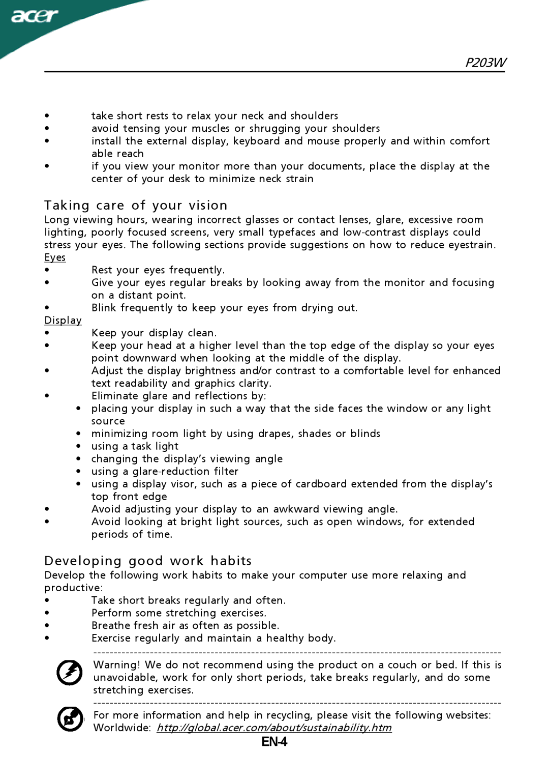 Acer P203W setup guide Taking care of your vision, EN-4 