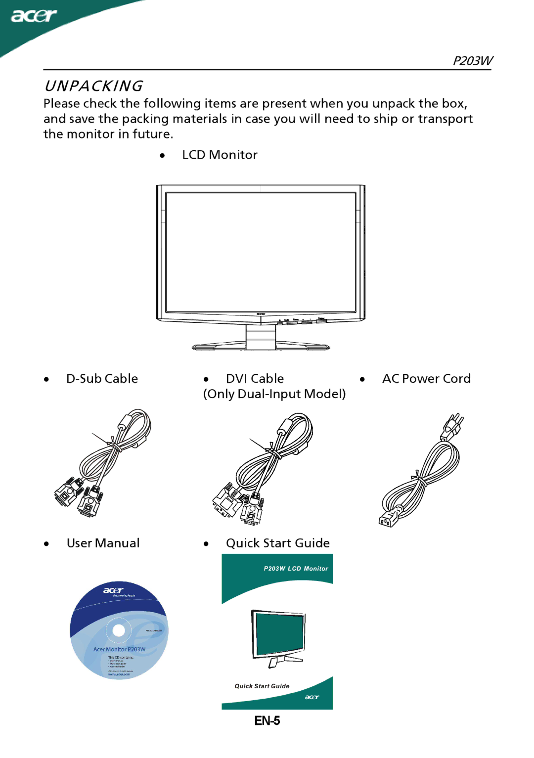 Acer P203W setup guide Unpacking, EN-5 