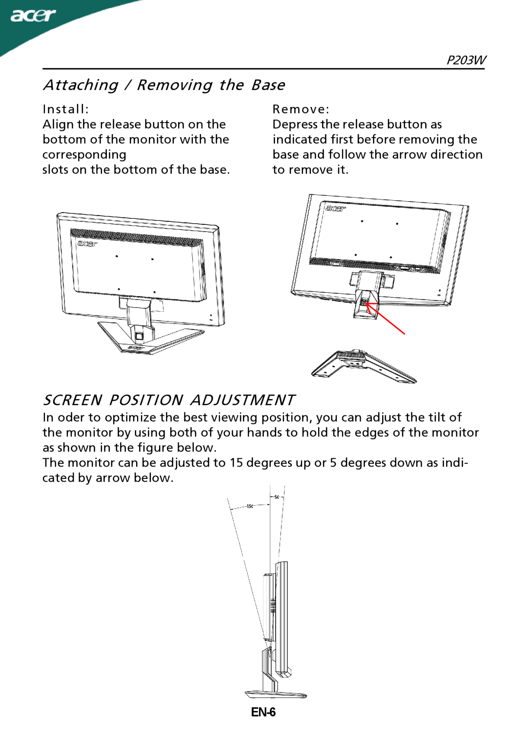 Acer P203W setup guide Attaching / Removing the Base, Screen Position Adjustment, EN-6 