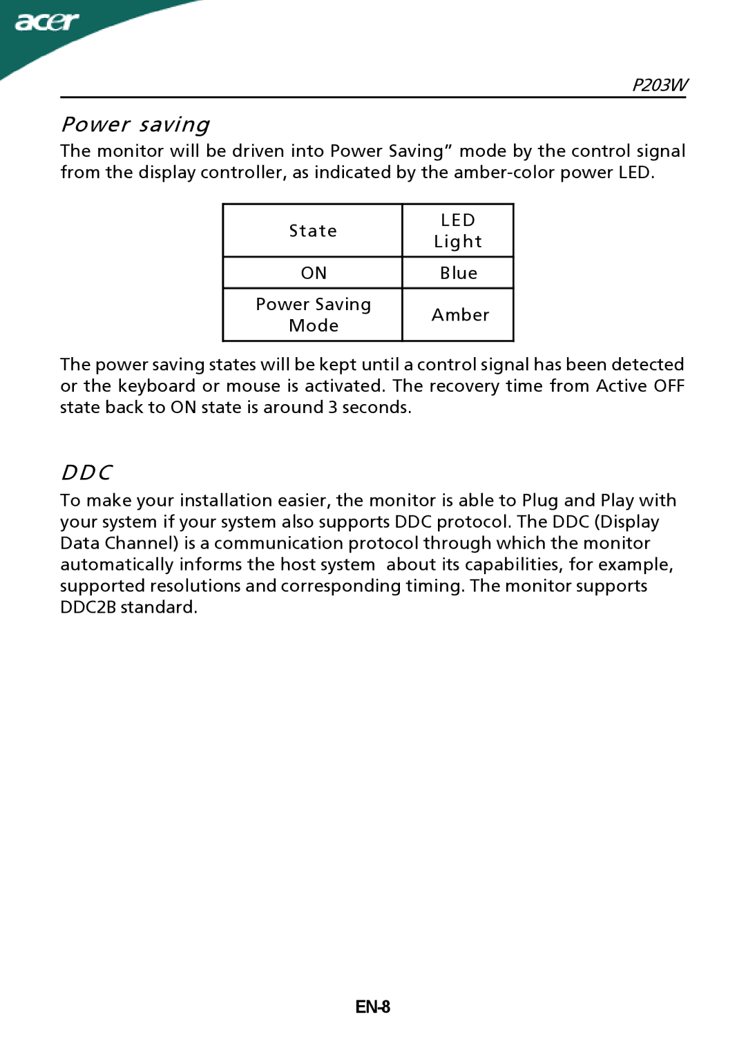 Acer P203W setup guide Power saving, Ddc, Led, EN-8 