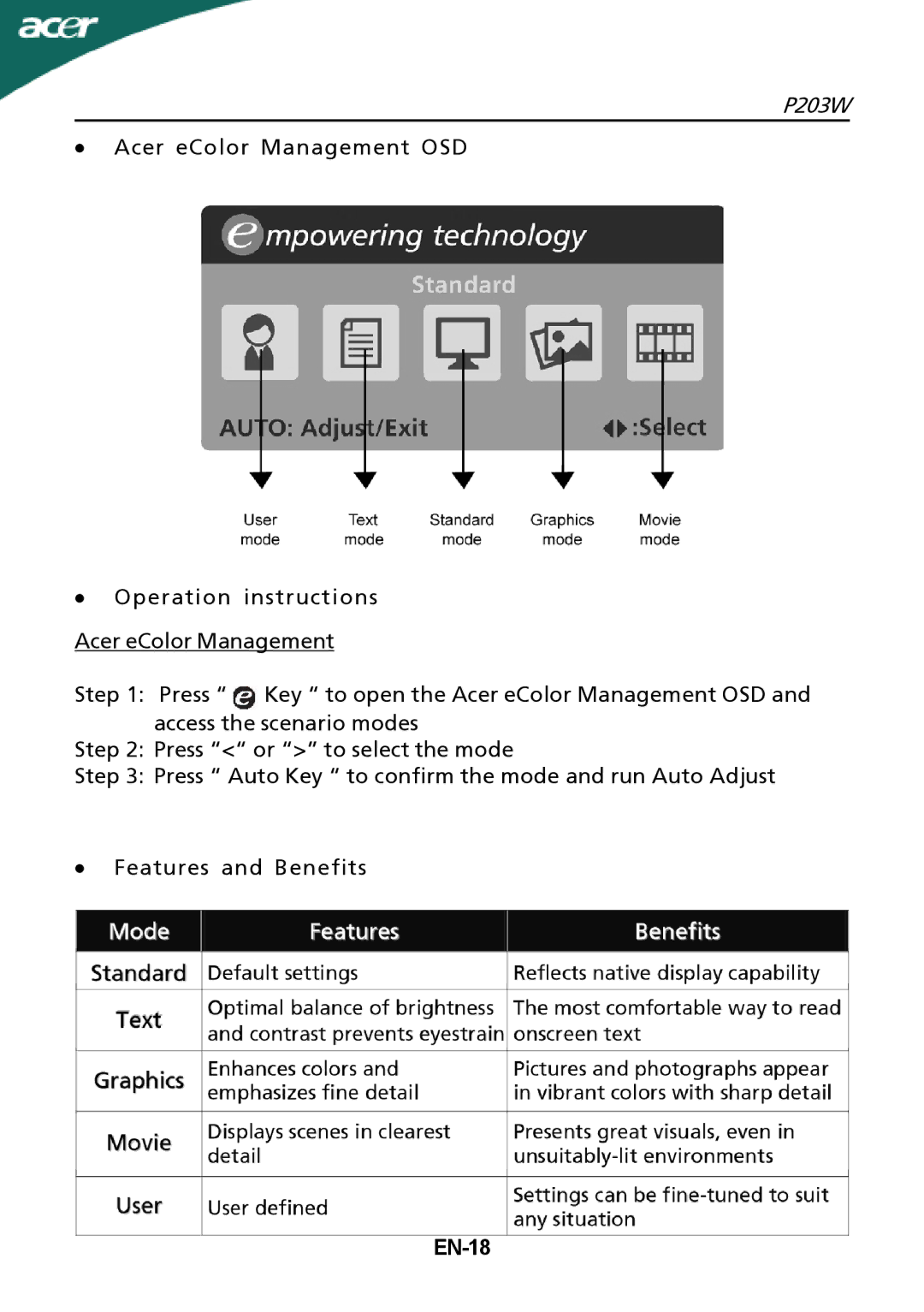 Acer P203W setup guide EN-18 