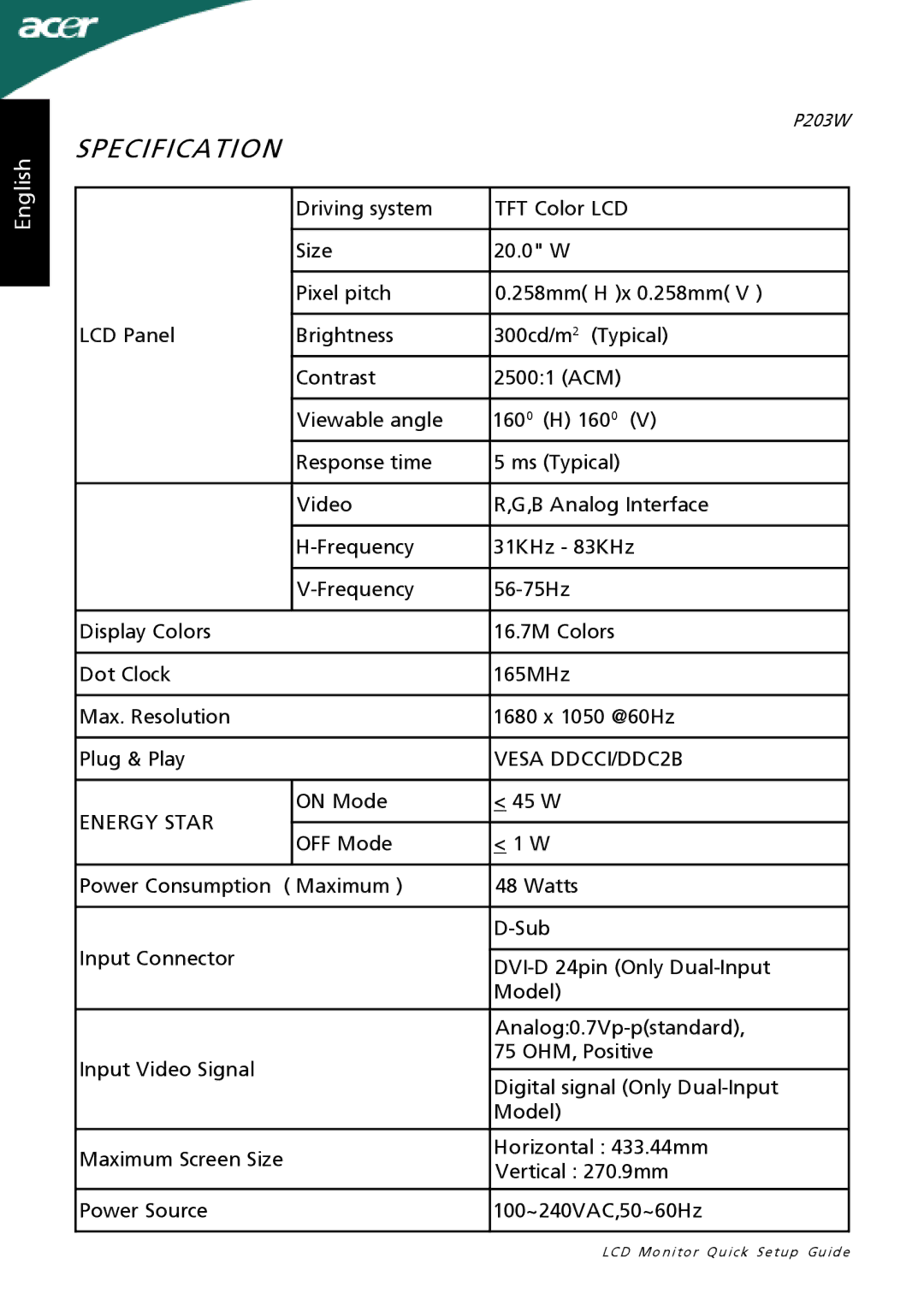 Acer P203W setup guide Specification, Energy Star 