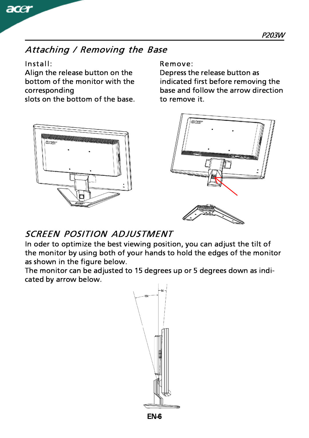 Acer P203W setup guide Attaching / Removing the Base, Screen Position Adjustment, EN-6 