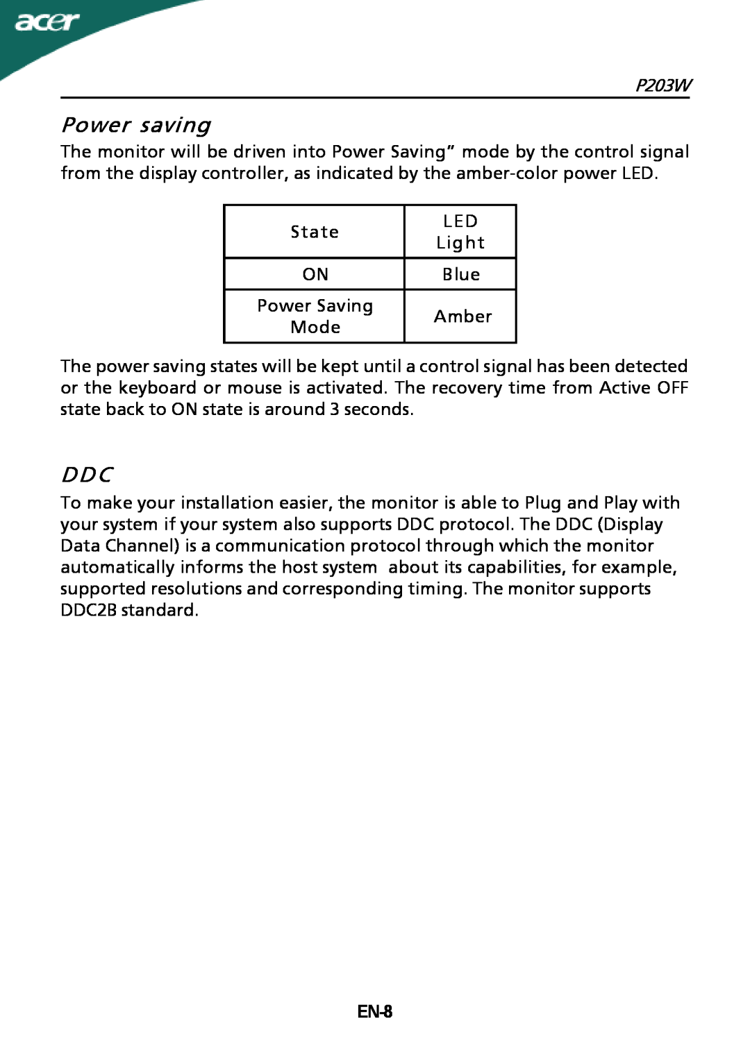 Acer P203W setup guide Power saving, EN-8 