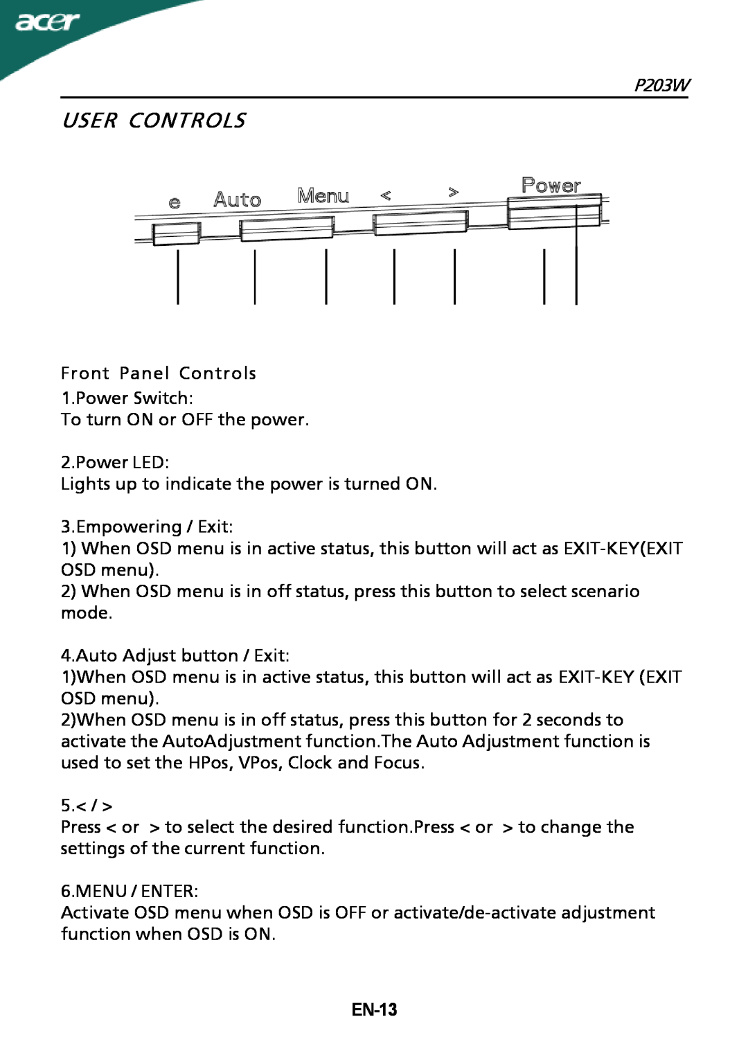 Acer P203W setup guide User Controls, EN-13 