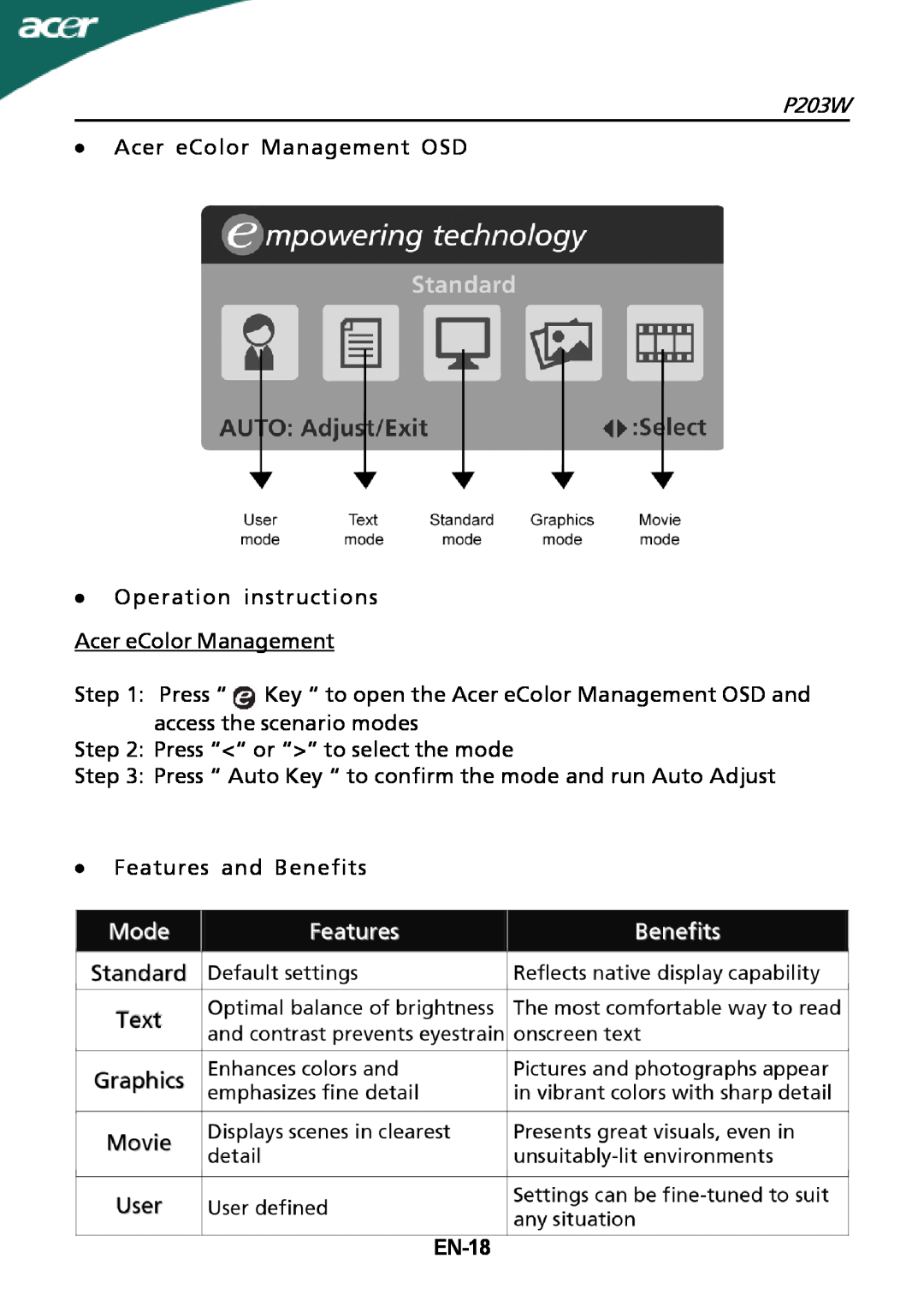 Acer P203W ∙ Acer eColor Management OSD, ∙ Operation instructions Acer eColor Management, ∙ Features and Benefits, EN-18 