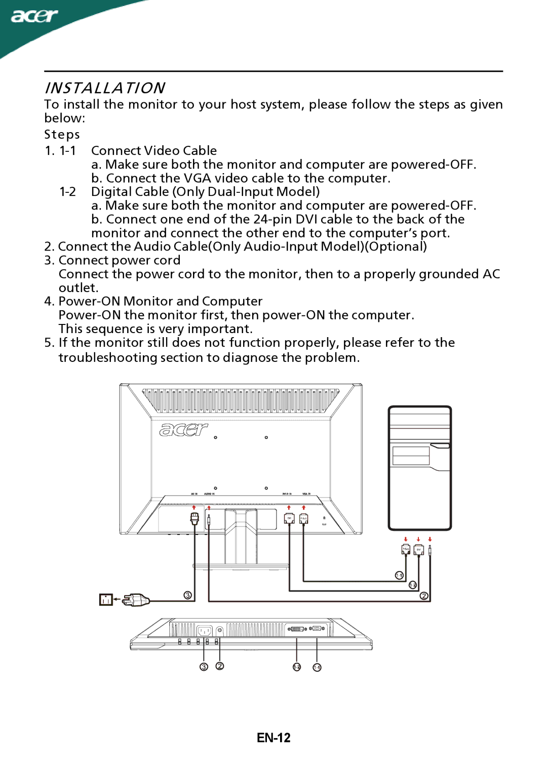 Acer P205H manual Installation, EN-12 