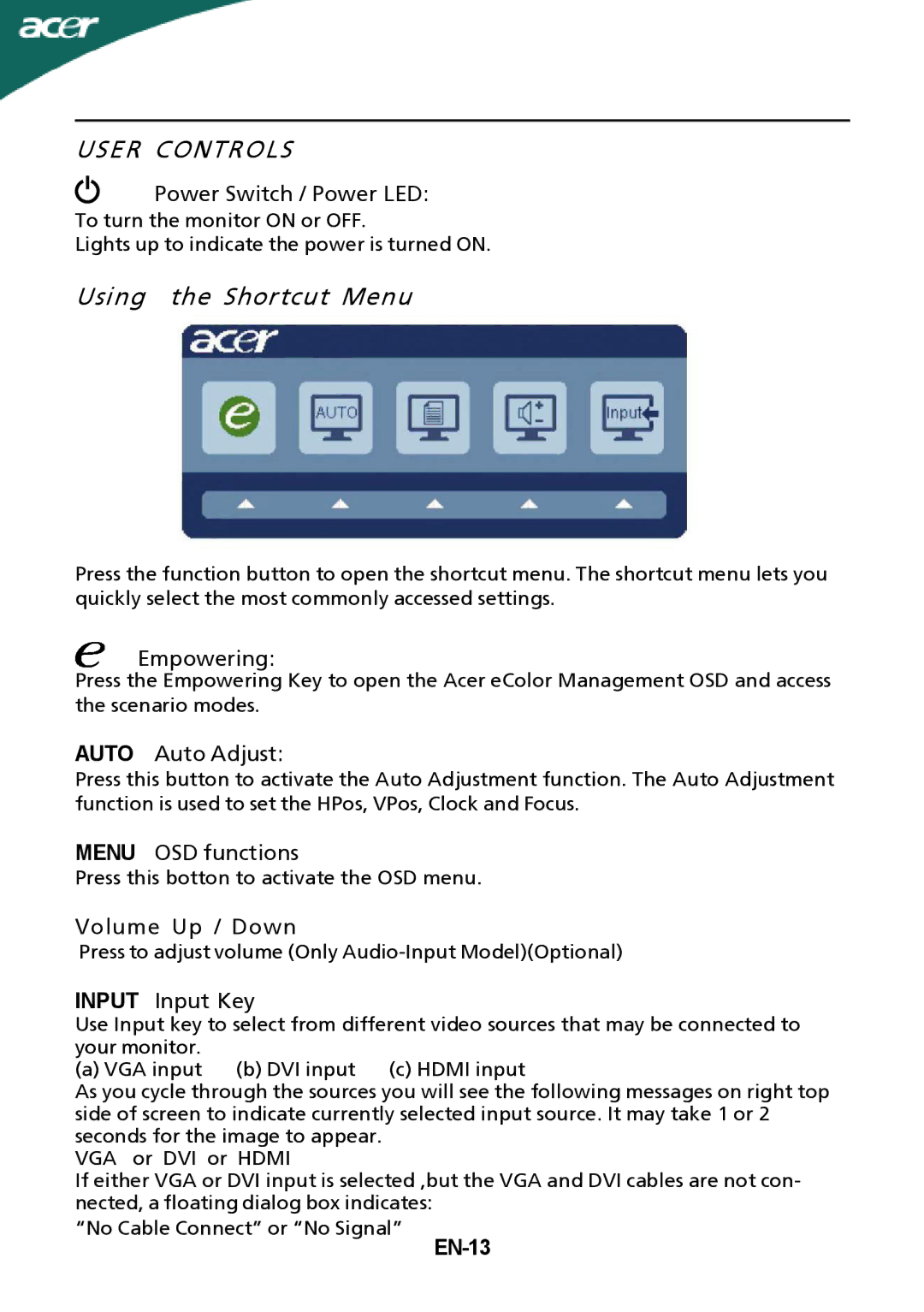 Acer P205H manual EN-13 