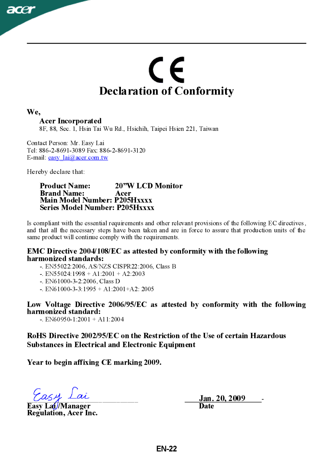 Acer P205H manual Declaration of Conformity, EN-22 