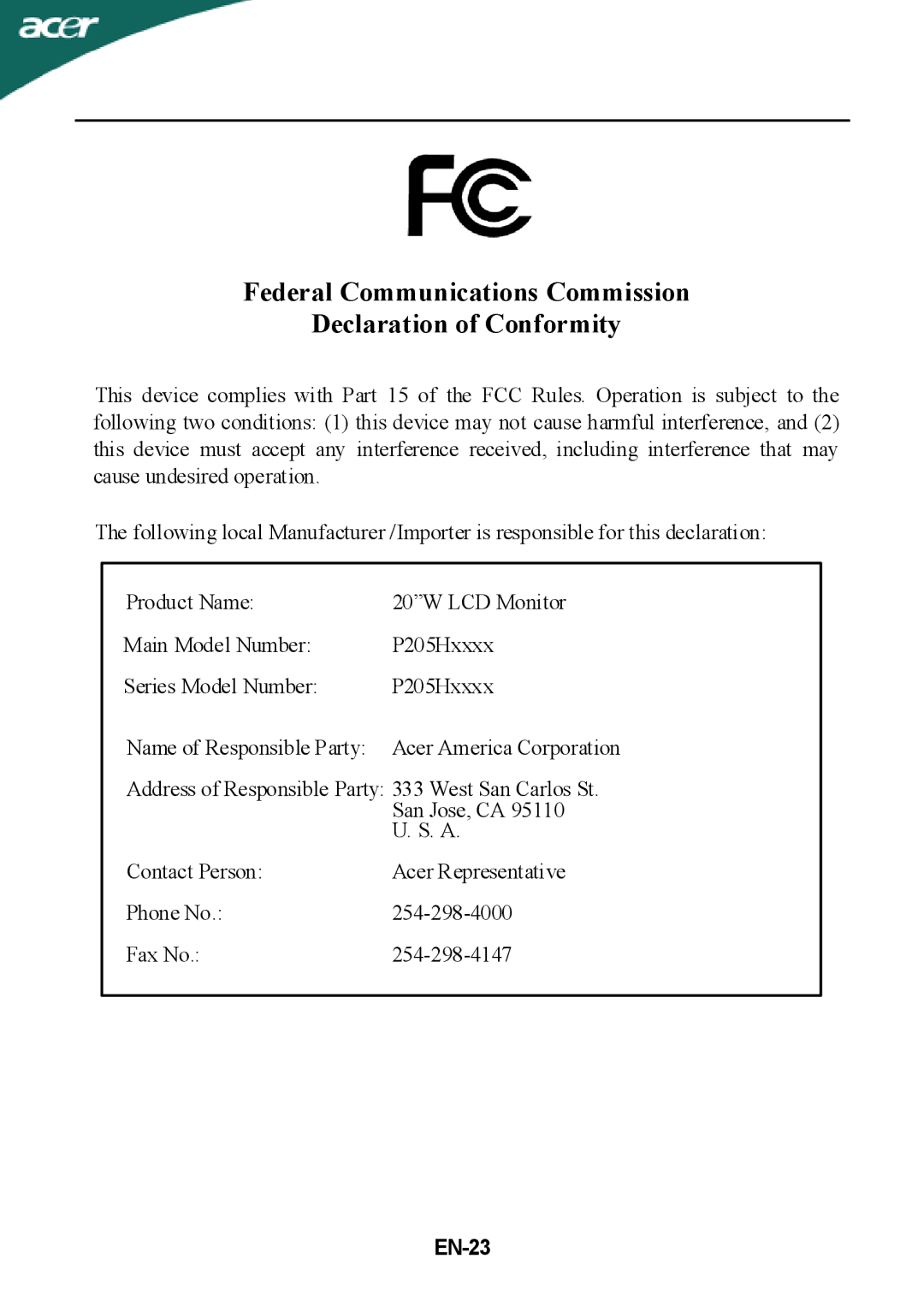 Acer P205H manual Federal Communications Commission Declaration of Conformity, EN-23 