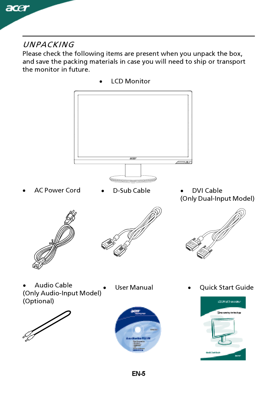 Acer P205H manual Unpacking, EN-5 