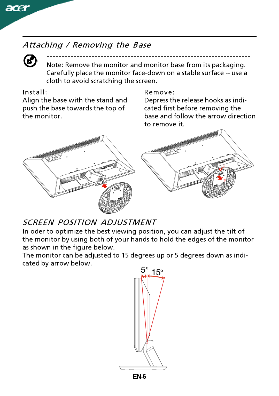 Acer P205H manual Attaching / Removing the Base, Screen Position Adjustment, EN-6 