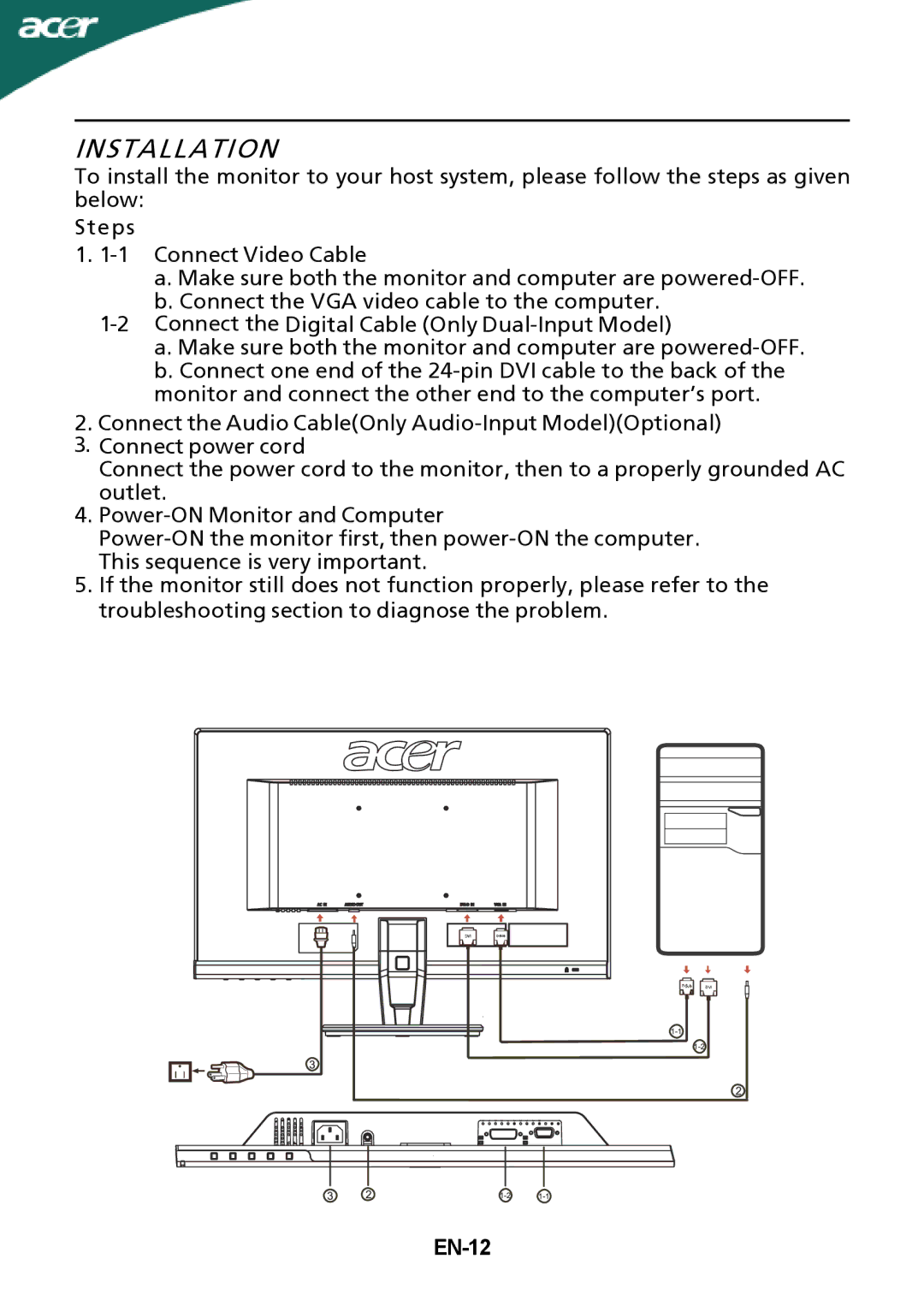 Acer P206HLxbd manual Installation, EN-12 