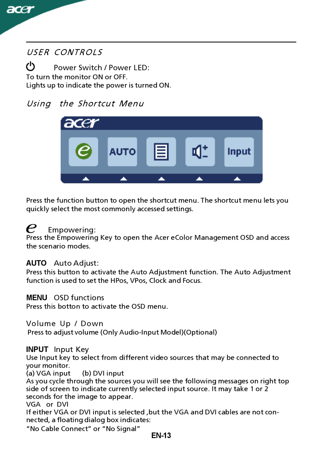 Acer P206HLxbd manual EN-13 