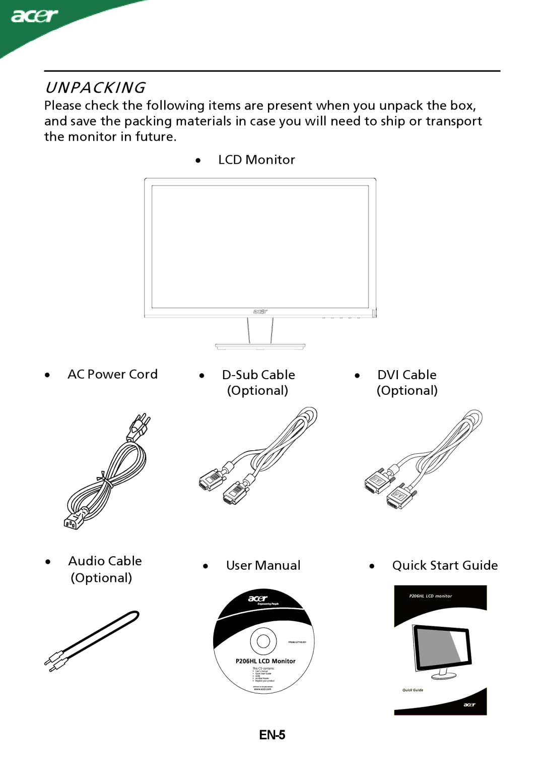 Acer P206HLxbd manual Unpacking, EN-5 