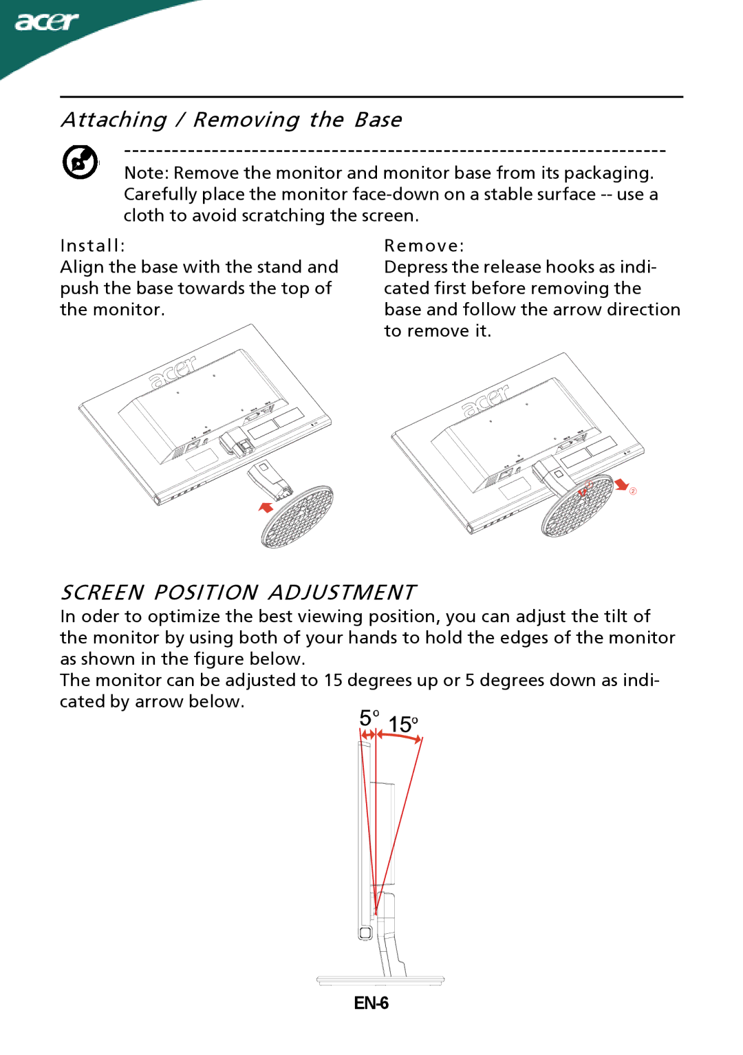 Acer P206HLxbd manual Attaching / Removing the Base, Screen Position Adjustment, EN-6 