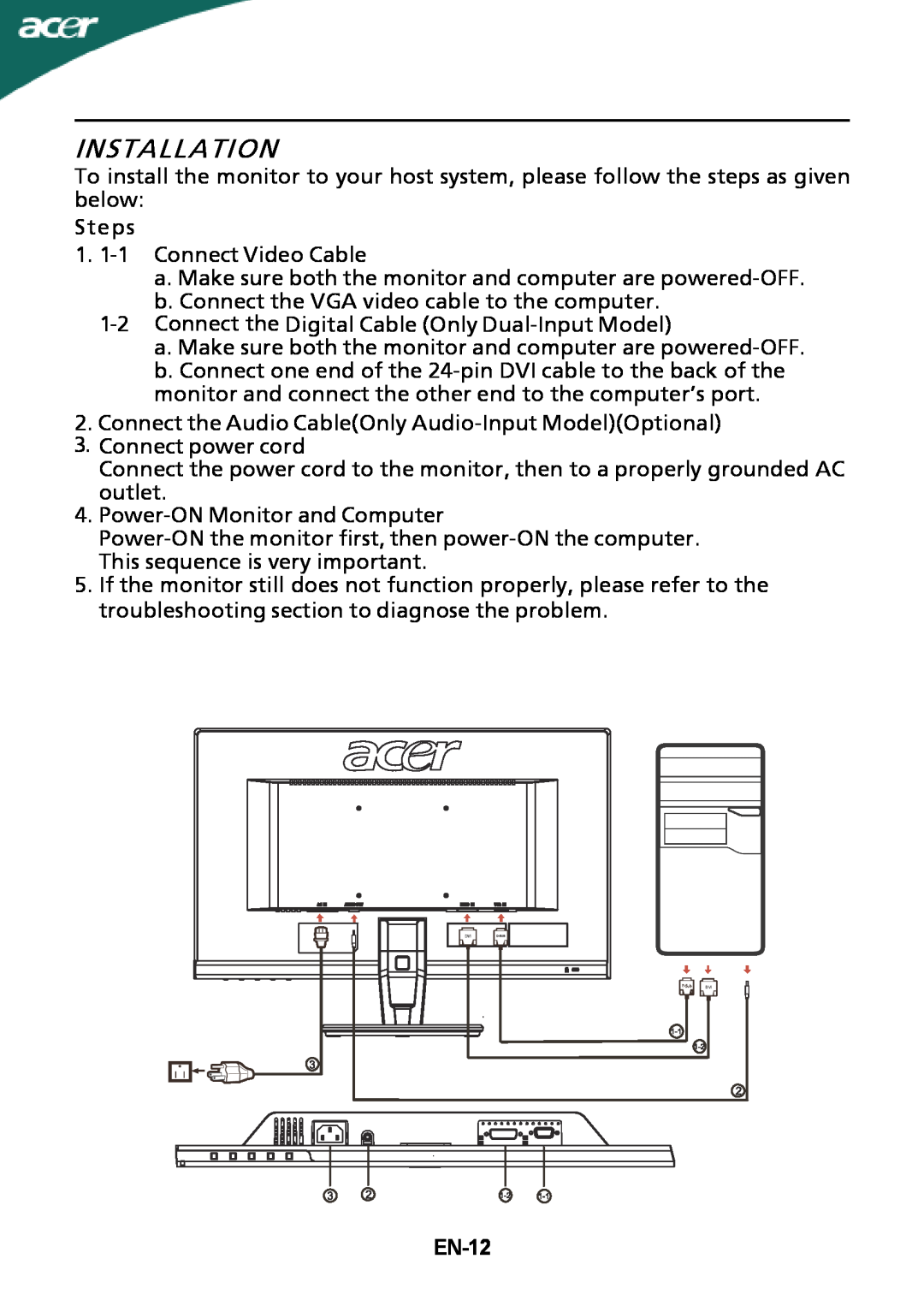 Acer P206HLxbd manual Installation, EN-12 