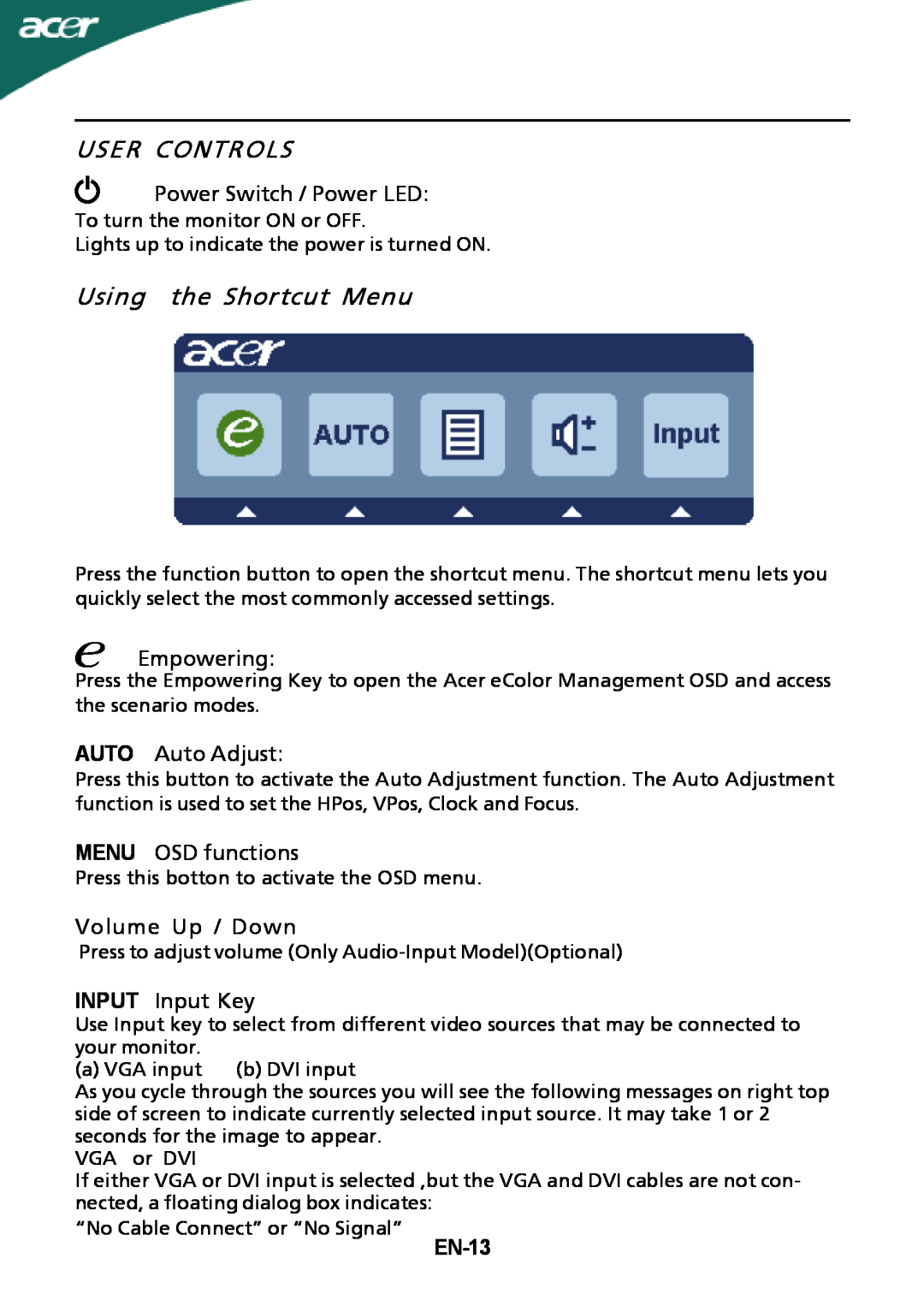 Acer P206HLxbd manual User Controls, Using the Shortcut Menu, EN-13 