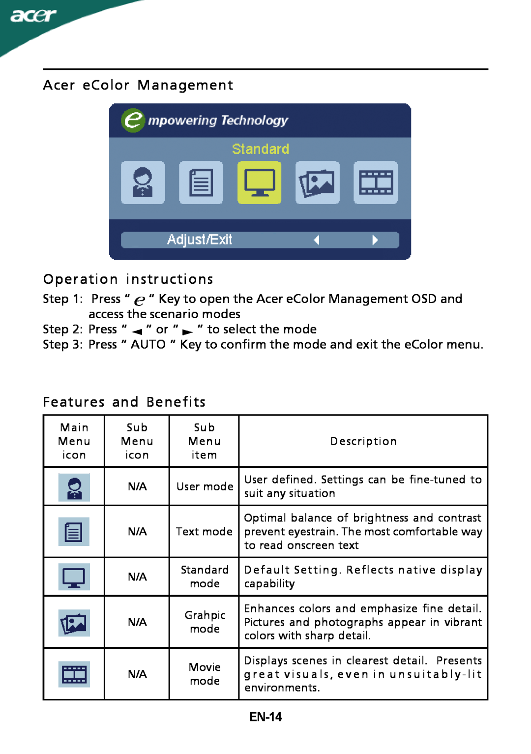 Acer P206HLxbd manual Acer eColor Management Operation instructions, Features and Benefits, EN-14 