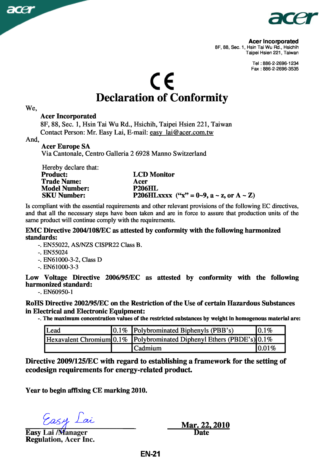 Acer P206HLxbd manual Declaration of Conformity, Mar. 22, Easy Lai /Manager, Date, Regulation, Acer Inc, EN-21 
