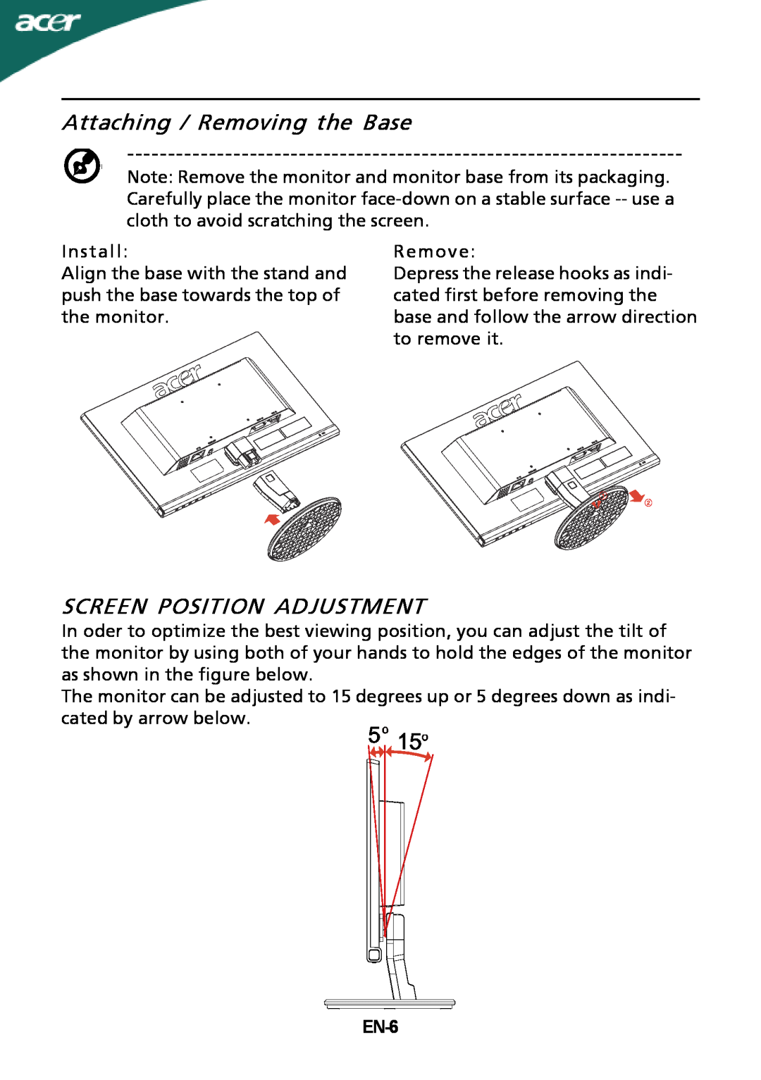 Acer P206HLxbd manual Attaching / Removing the Base, Screen Position Adjustment, EN-6 