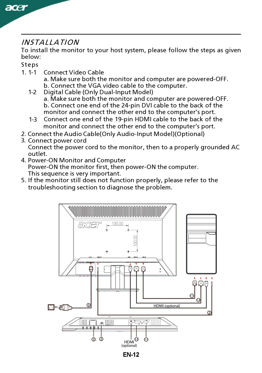 Acer P215H manual Installation, EN-12 