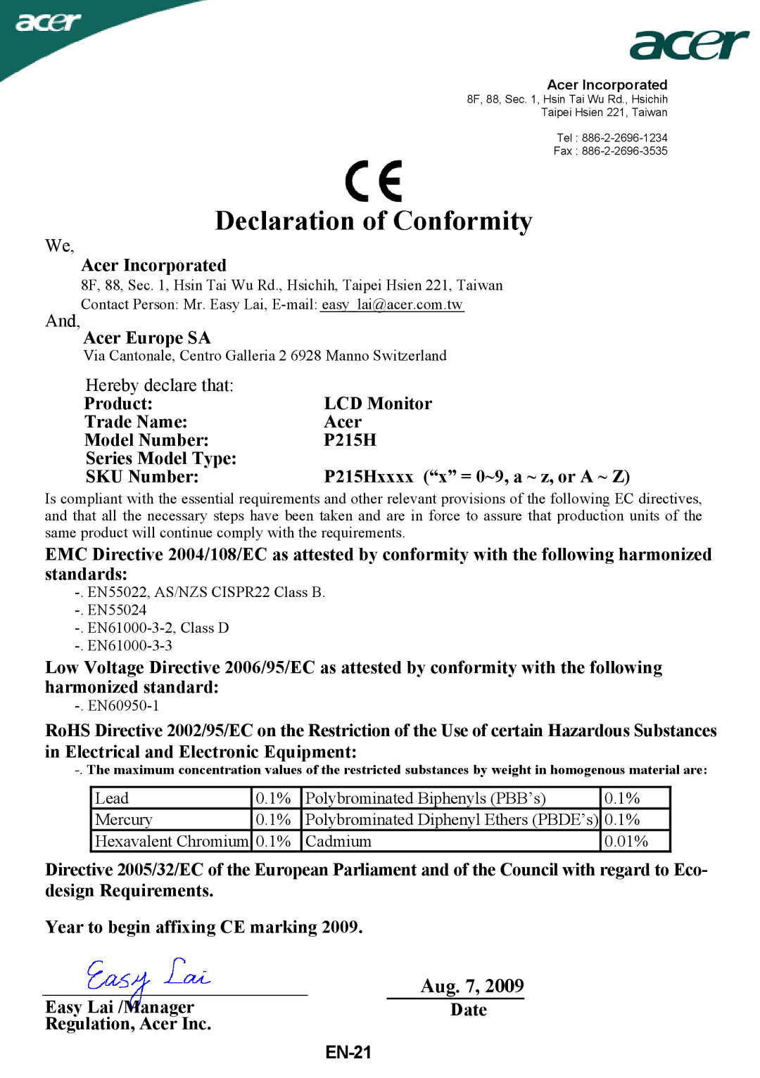 Acer P215H manual Declaration of Conformity, EN-21 