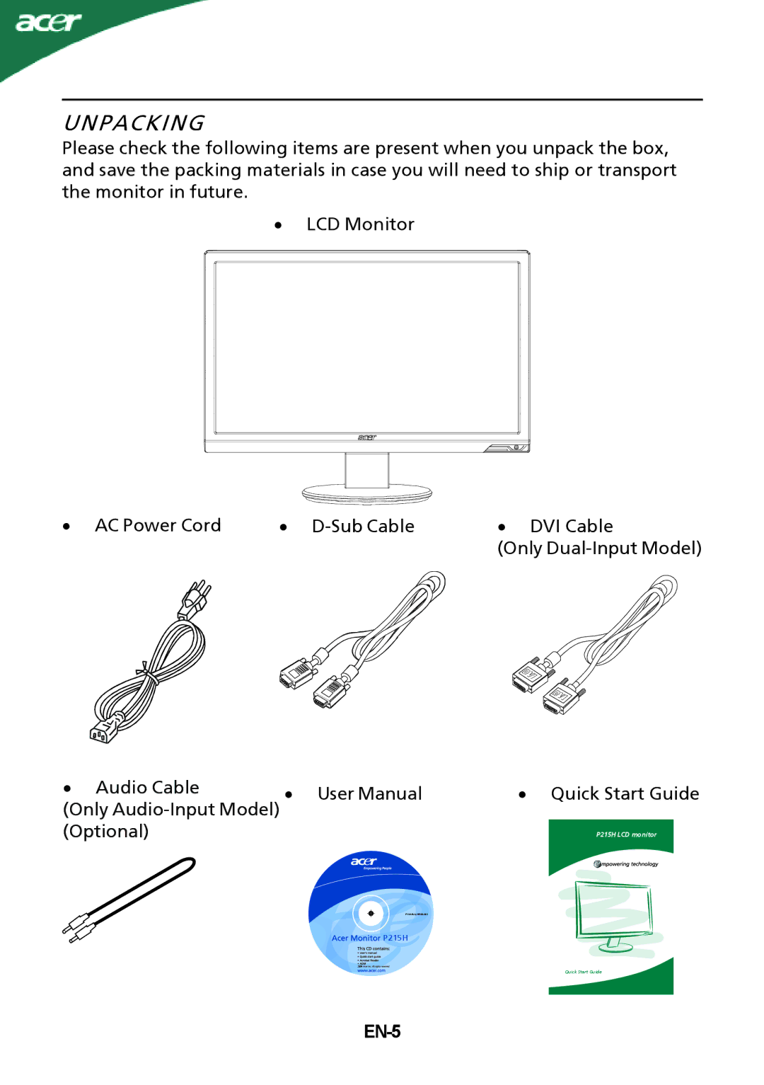 Acer P215H manual Unpacking, EN-5 