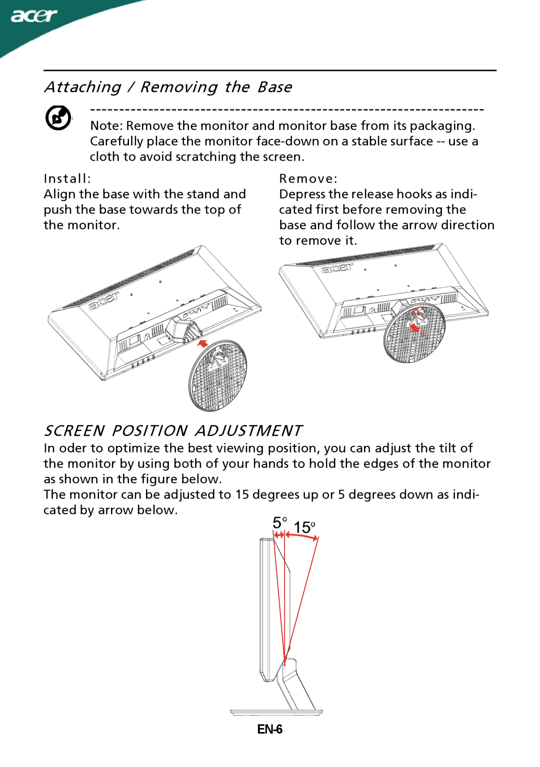 Acer P215H manual Attaching / Removing the Base, Screen Position Adjustment, EN-6 