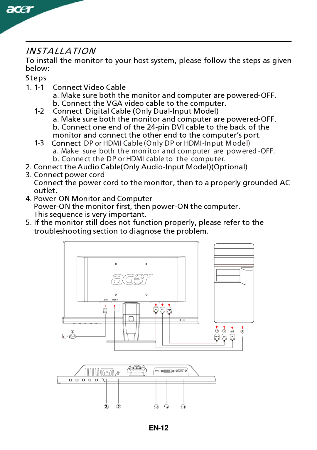 Acer P226HQV, P216HV manual Installation, EN-12 