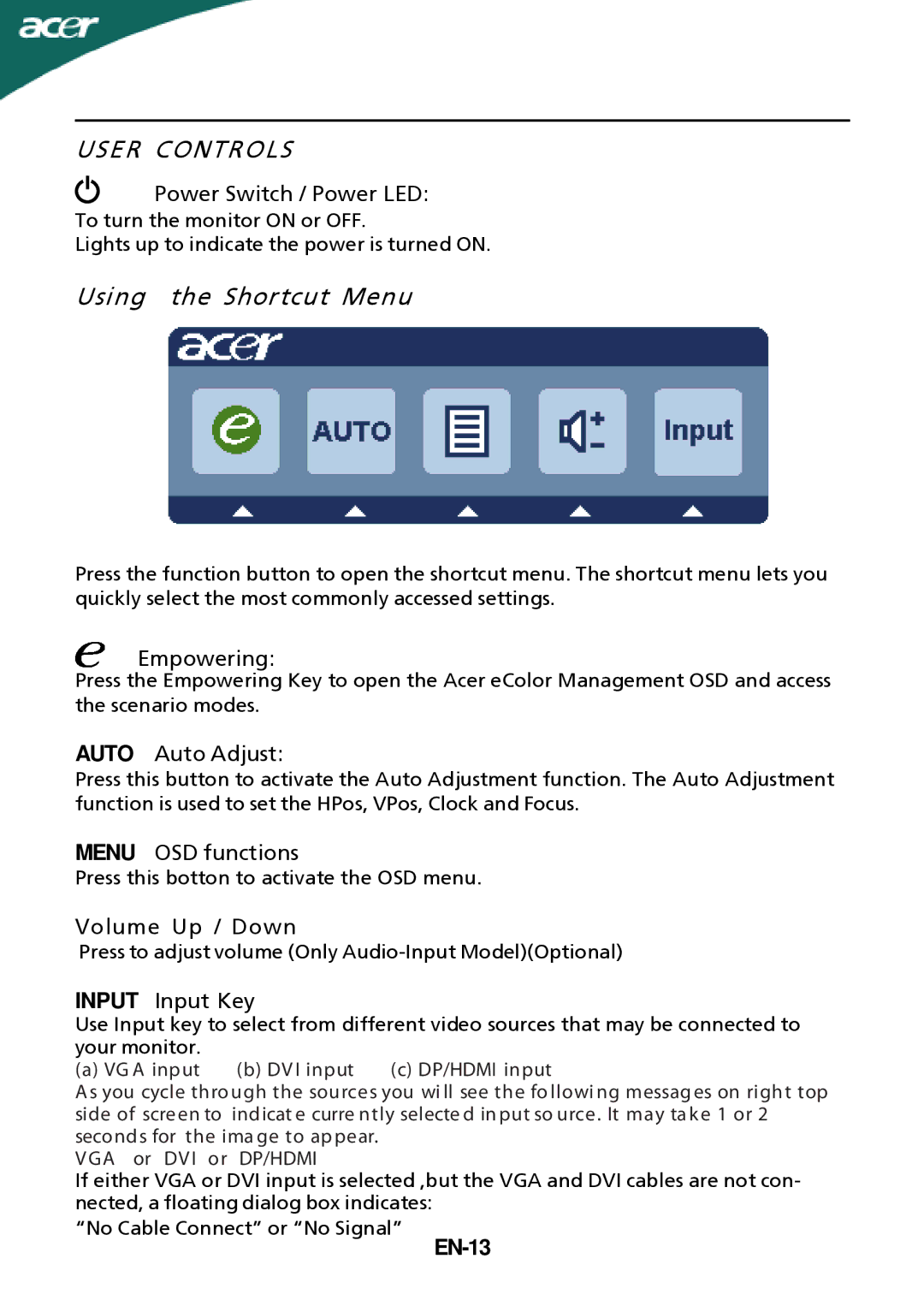 Acer P216HV, P226HQV manual EN-13 