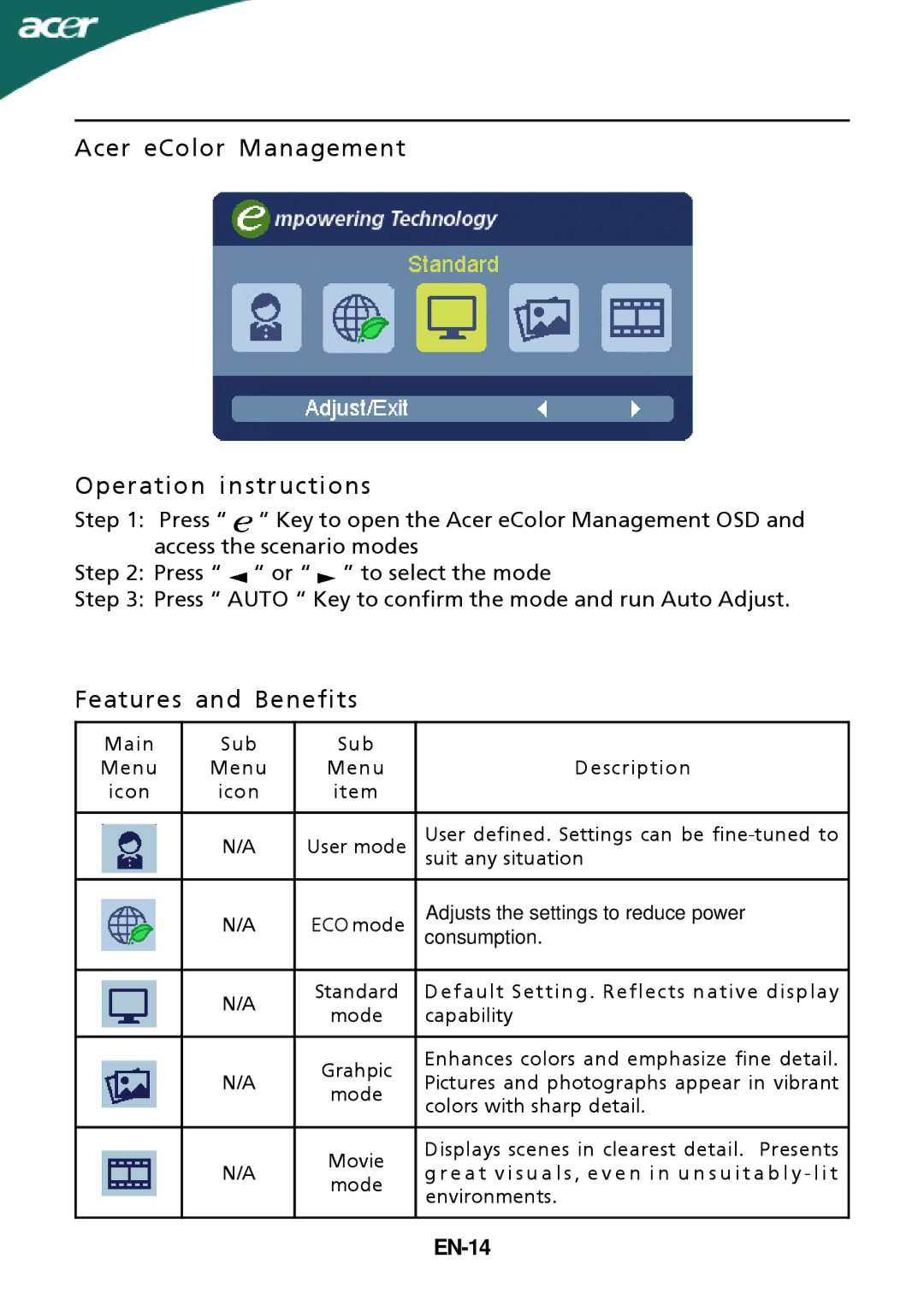 Acer P226HQV, P216HV manual Acer eColor Management Operation instructions, EN-14 