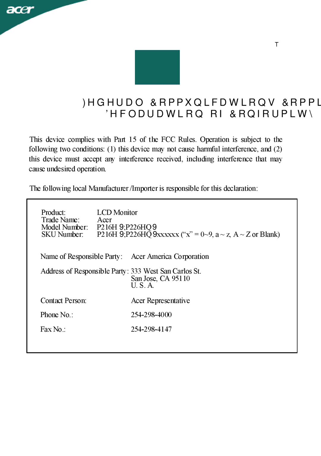 Acer P226HQV, P216HV manual Federal Communications Commission Declaration of Conformity 