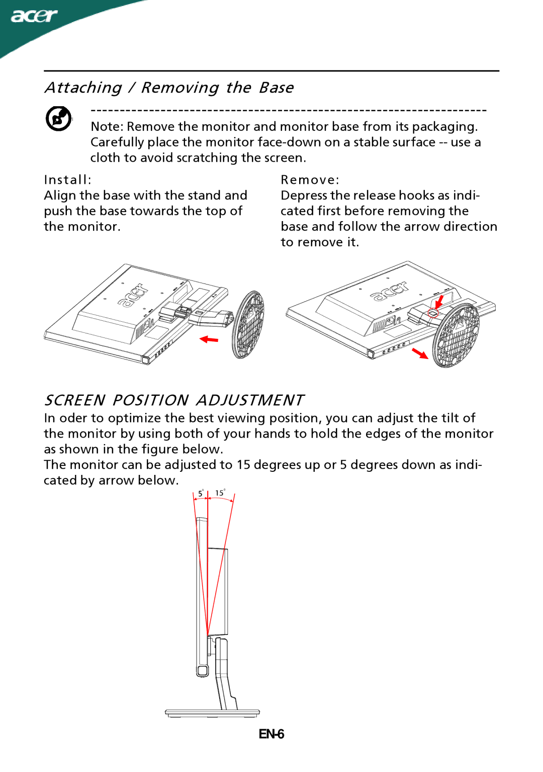 Acer P226HQV, P216HV manual Attaching / Removing the Base, Screen Position Adjustment, EN-6 