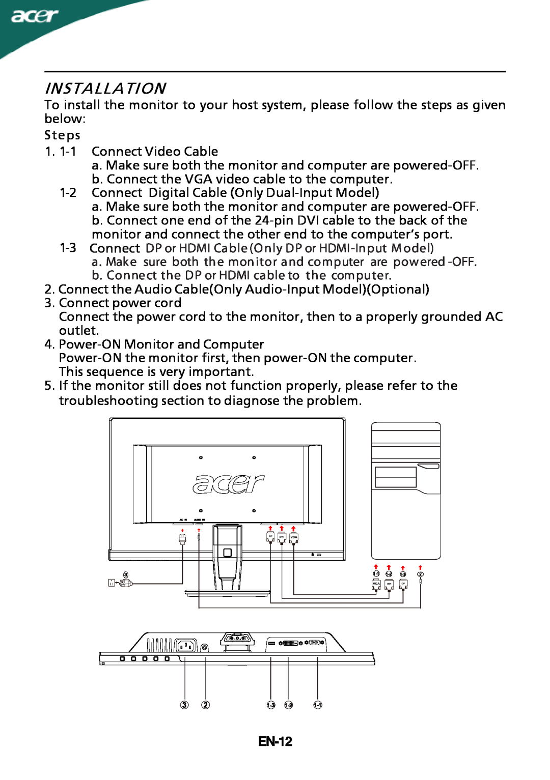 Acer P226HQV, P216HV manual Installation, EN-12 