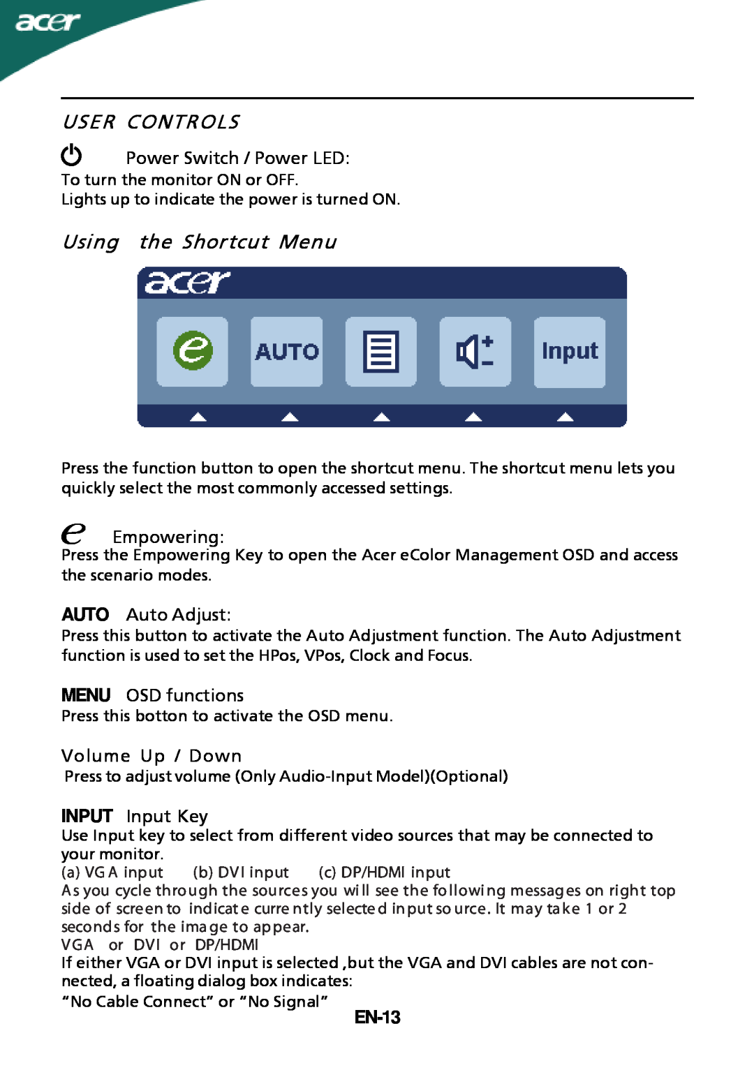 Acer P216HV, P226HQV manual User Controls, Using the Shortcut Menu, EN-13 