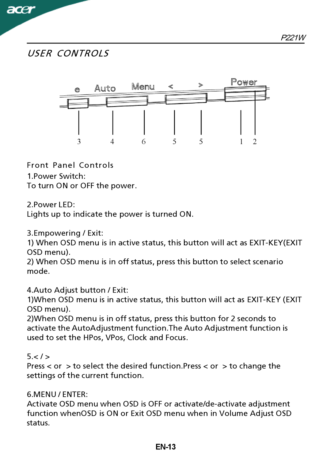 Acer P221W manual User Controls, Menu / Enter, EN-13 