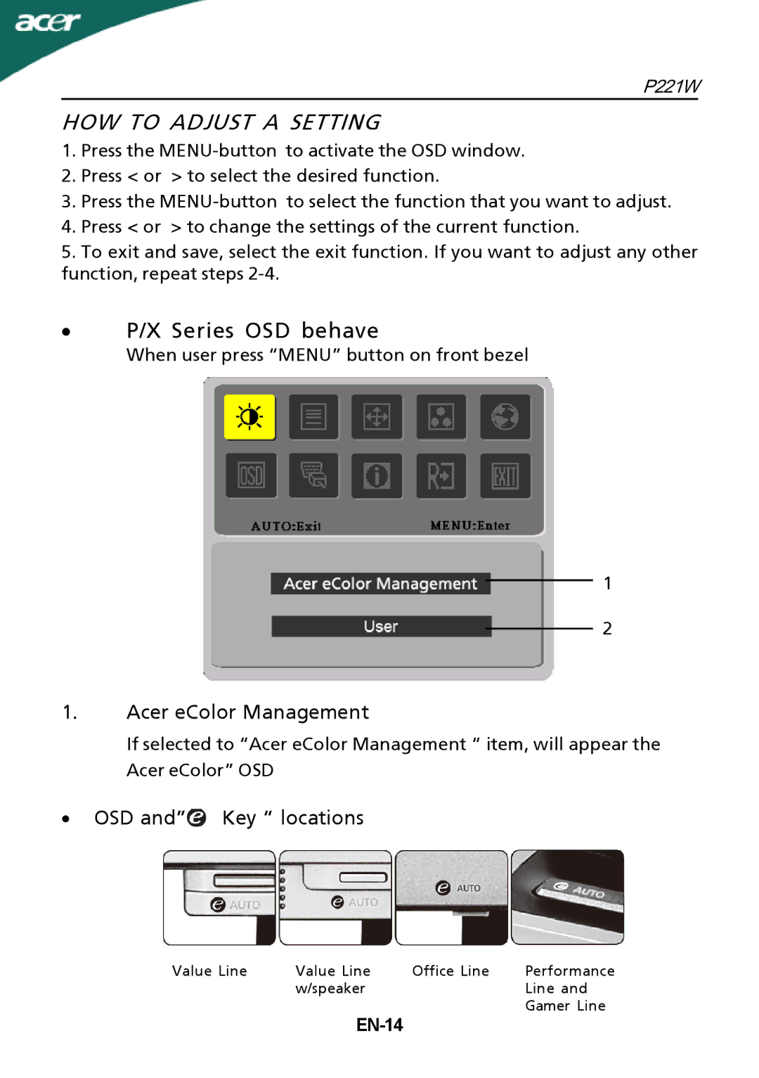 Acer P221W manual HOW to Adjust a Setting, When user press Menu button on front bezel, EN-14 